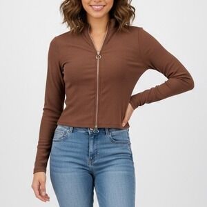 Shosho Brown Ribbed Zip Up Mock Neck Long Sleeve Crop Top Size S